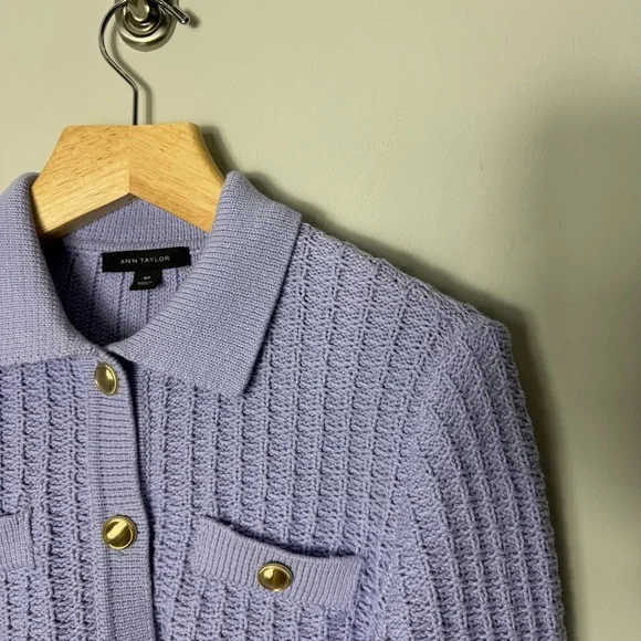 Ann Taylor Purple Sweater Cardigan Jacket Lavender Gold Buttons Medium Petite *B - Picture 5 of 11
